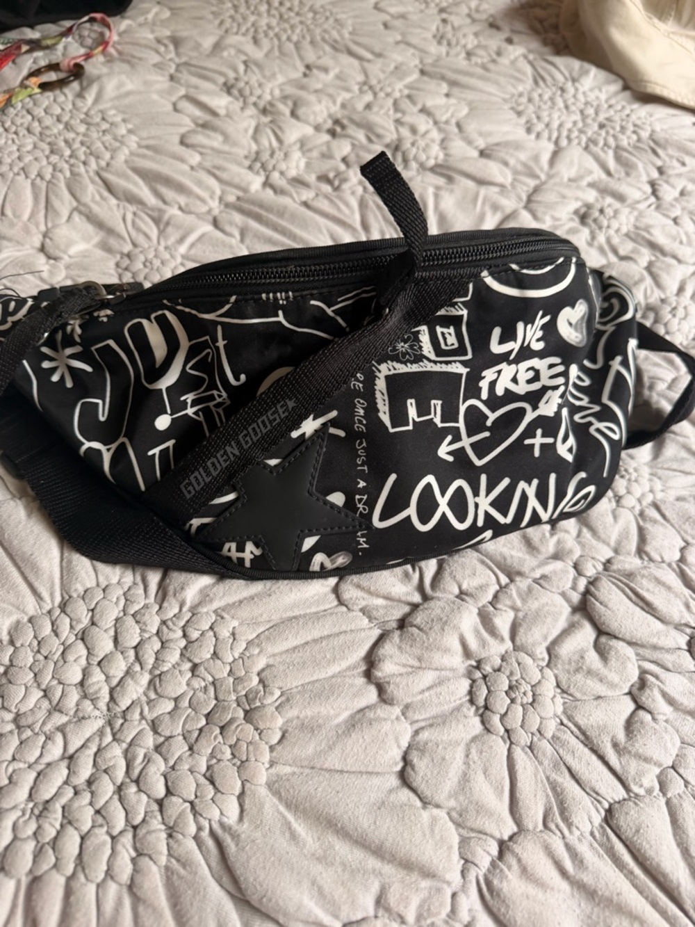 Golden Goose Black & White Graphic Belt Bag with Star Patch
